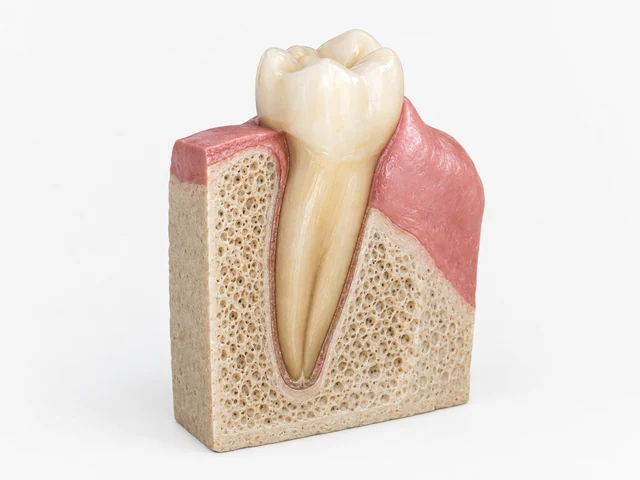 Educational cutaway showing a tooth inside gum and supporting bone.