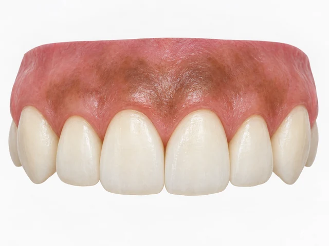 Illustrated intact gum surface with brown pigmentation above the teeth.