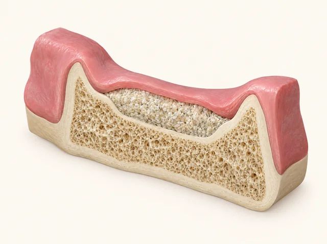 Educational cutaway showing existing ridge bone and an example augmentation space above the crest.