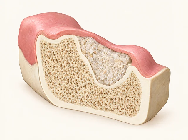 Educational cutaway showing the initial grafting stage without an implant fixture.
