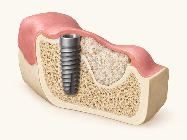 Educational cutaway showing an implant fixture and graft augmentation in the same initial procedure.