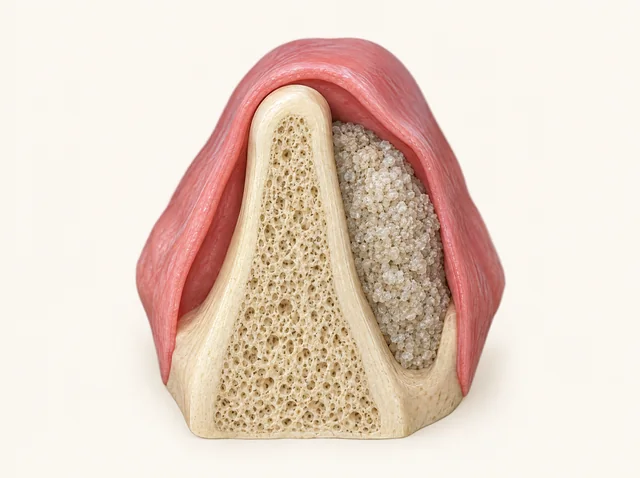 Educational cutaway showing a narrow bone ridge and an example augmentation space beside the existing bone.
