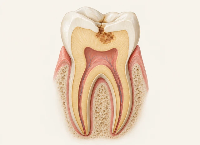 Tooth cutaway with a brown decay area extending below enamel into dentin, separate from the pulp.