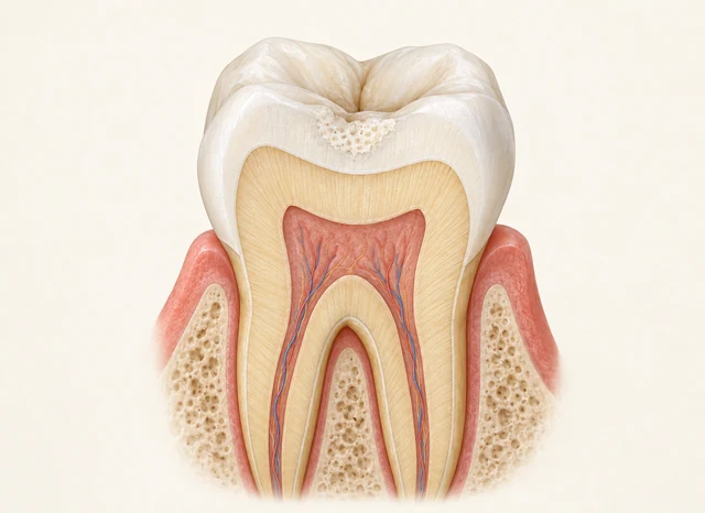 Tooth cutaway with a pale porous area confined to the outer enamel above the dentin.