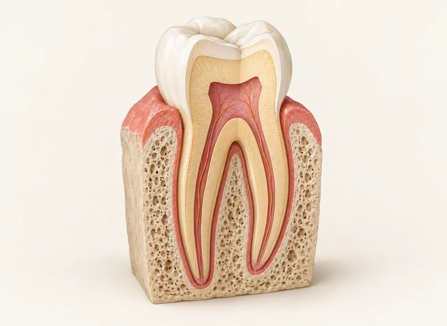 Molar cutaway showing outer enamel, dentin and the inner pulp chamber and canals.