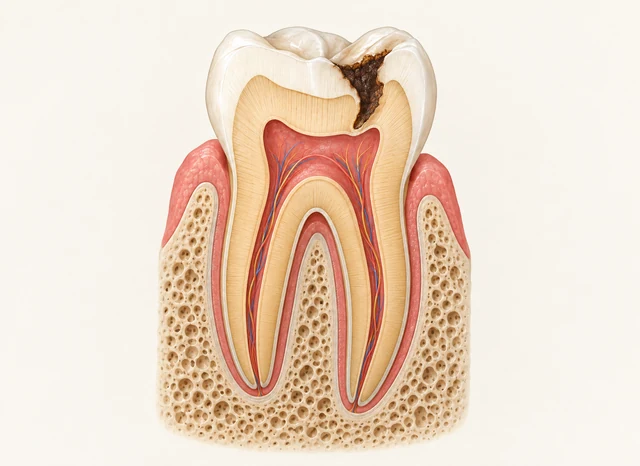 Deep decay approaches the pink pulp in a tooth cutaway, with a thin pale tissue boundary between them.