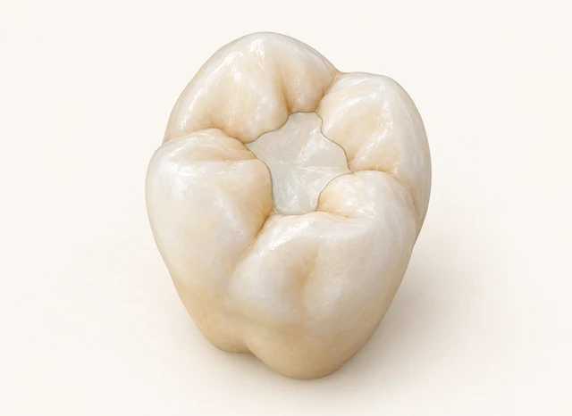 A tooth-colored restoration sits within the chewing surface, surrounded by natural tooth cusps.