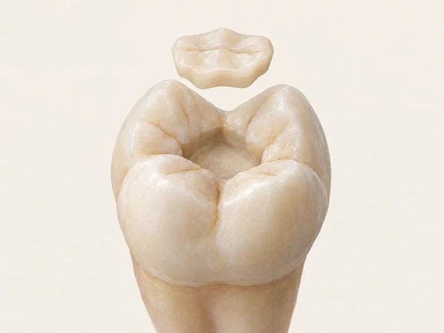 A small tooth-colored insert is shown above a central recess between the natural cusps of a molar.