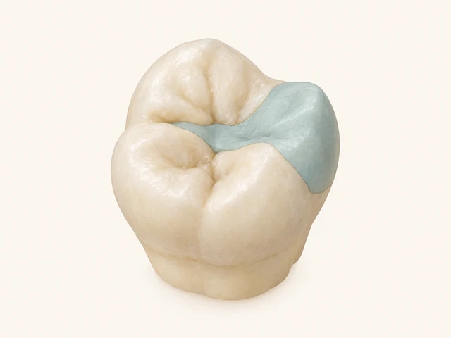 A blue-green teaching area extends from the central chewing surface over one cusp and its outer slope.