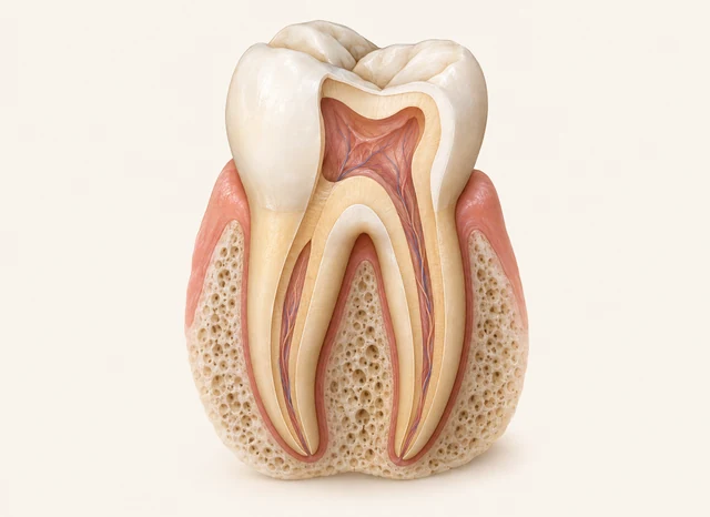 An oblique cutaway window reveals the inner pulp chamber and canals of a molar.