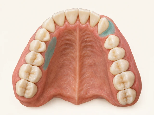 Upper-arch model with aqua marks around a canine gum area and one lateral palatal area.