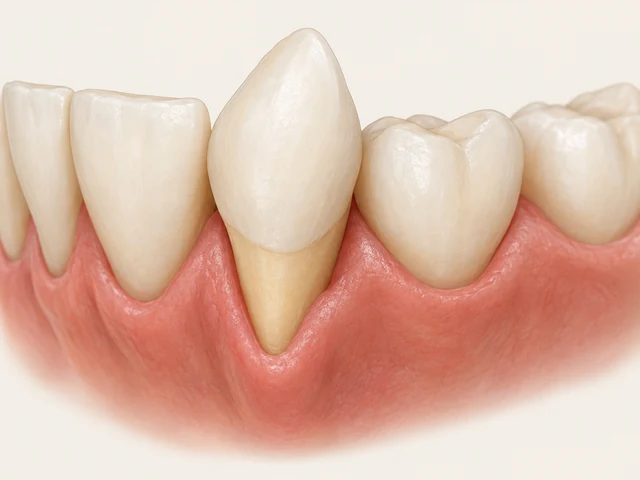 Canine with a pale root strip visible between its enamel edge and a receded gum margin.