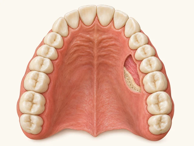 Upper palate model with a localized cutaway showing a pink soft-tissue layer above pale underlying hard tissue.