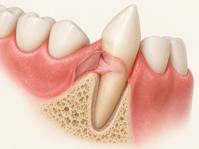 Canine-area cutaway with a thin pink soft-tissue layer at the root surface, separate from gum and bone.