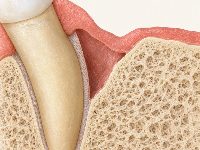 Close cutaway of a tooth root beside an angular depression in supporting bone under the gum.