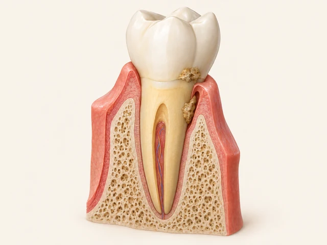 Tooth cutaway with tan deposits on the lower crown above the gum margin and on the root below it.