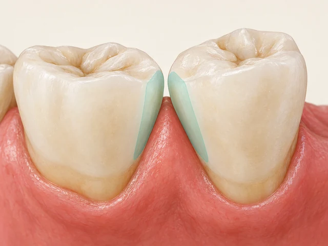 Two adjacent teeth with pale-aqua marks on the facing surfaces beside the gum papilla.