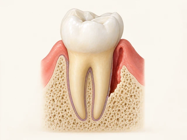 Tooth-support cutaway showing a deep gum pocket and an angular bone defect beside one root.