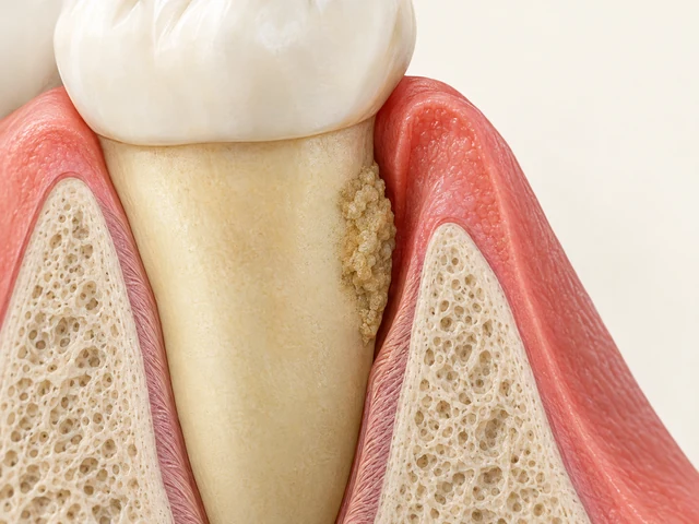 Enlarged root-surface section with a tan deposit beside the gum pocket and separate supporting bone.