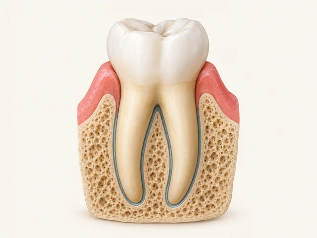 Molar model with coral gum above supporting bone and a thin colored band between the roots and bone.