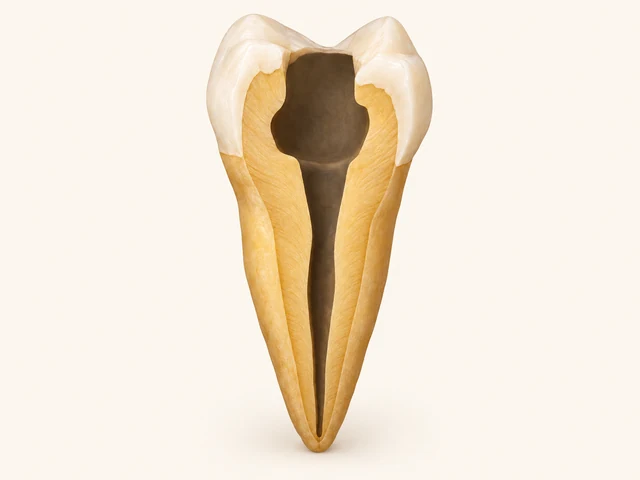 An open path from the crown continues into the inner chamber and canal in a tooth cutaway.