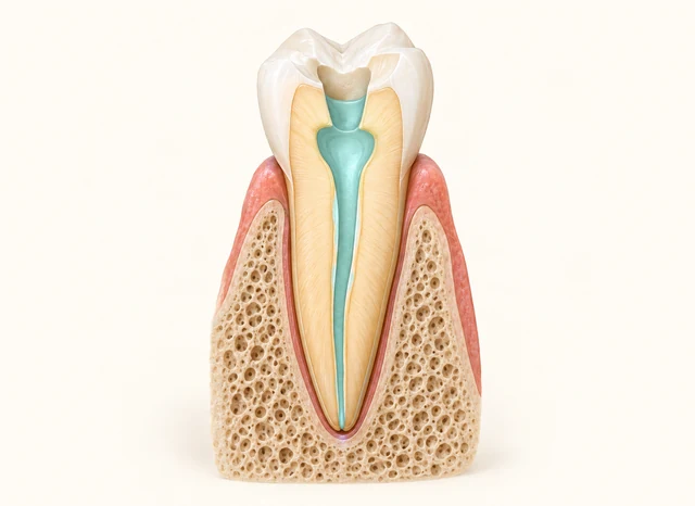 A blue-green teaching overlay follows the internal chamber and canal within a tooth cutaway.