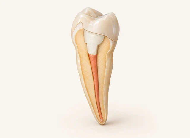 A tooth-coloured upper restoration with a visible margin sits above the core and canal filling.