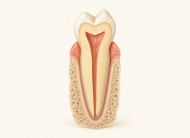 A single-root tooth cutaway shows the pulp chamber continuing into the root canal.
