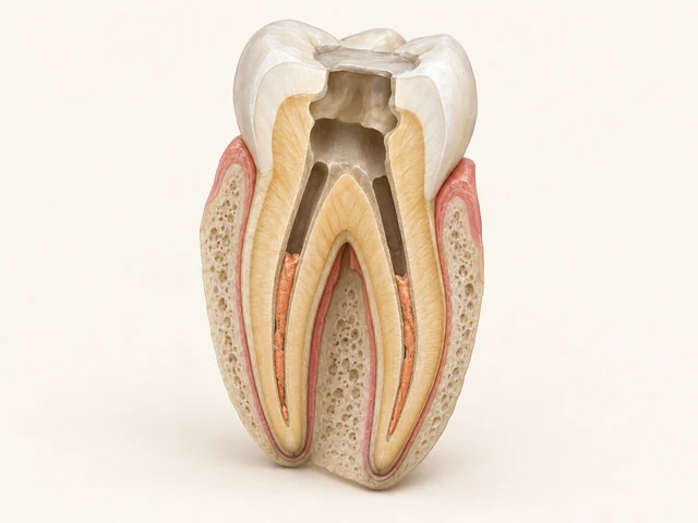 Molar cutaway with an open route through the crown and chamber, and old filling remaining lower in the canals.