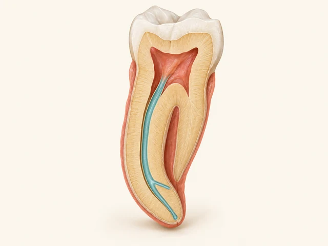 Tooth cutaway with a blue-green curved canal path and one short branch inside the root.