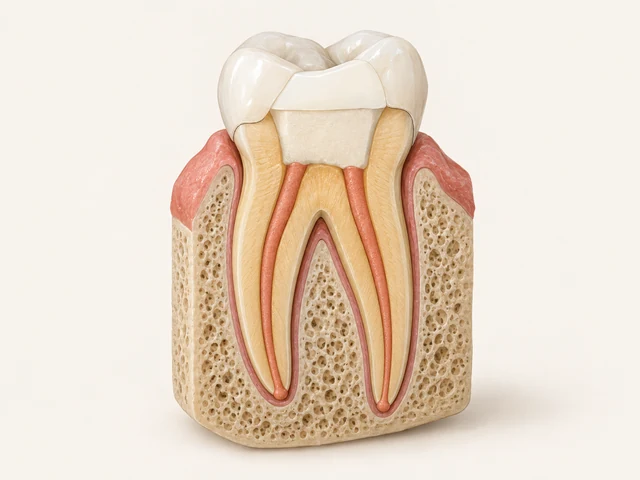 Molar cutaway with existing canal filling, pale coronal material and an outer restoration.