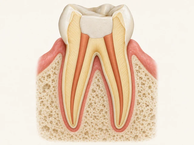 Molar cutaway with tapered canal fillings inside both roots connected to a pale coronal seal.