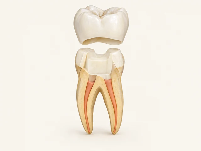 A crown example above a molar cutaway with a pale core and canal filling inside both roots.