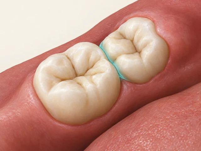 Close view of two posterior crowns with a pale-aqua mark in the narrow space beside the wisdom tooth.