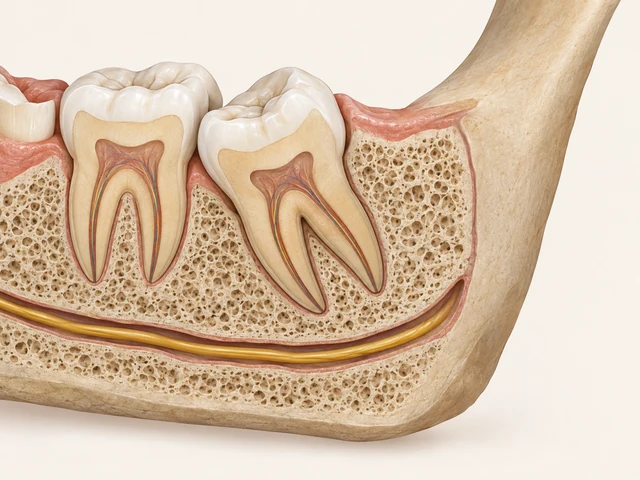 Lower-jaw cutaway showing molar roots above a separate bony canal containing a gold-colored nerve bundle.
