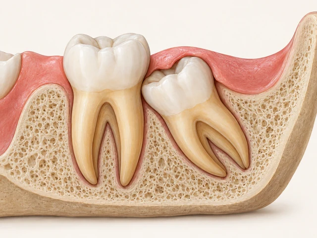 Lower-jaw cutaway with an upright second molar and a separate angled wisdom tooth partly under gum.