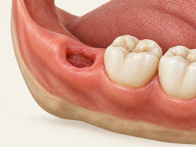 Posterior extraction socket with dark-coral contents behind an intact neighboring molar.