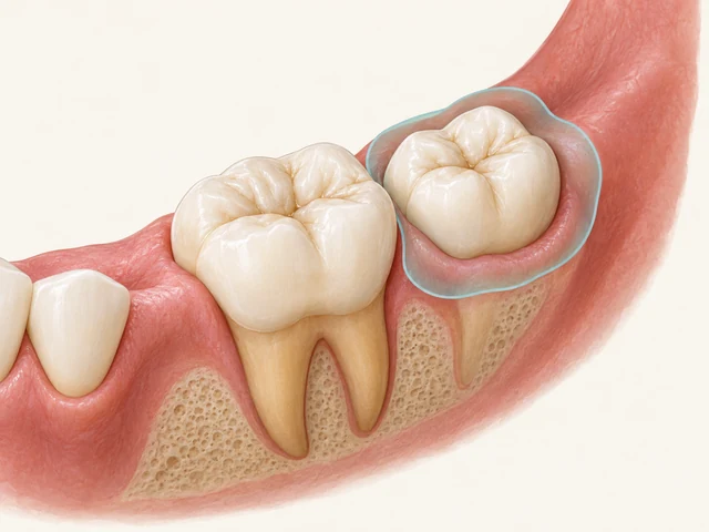 Retained wisdom tooth behind the second molar with a pale-aqua outline around the tooth and nearby gum.