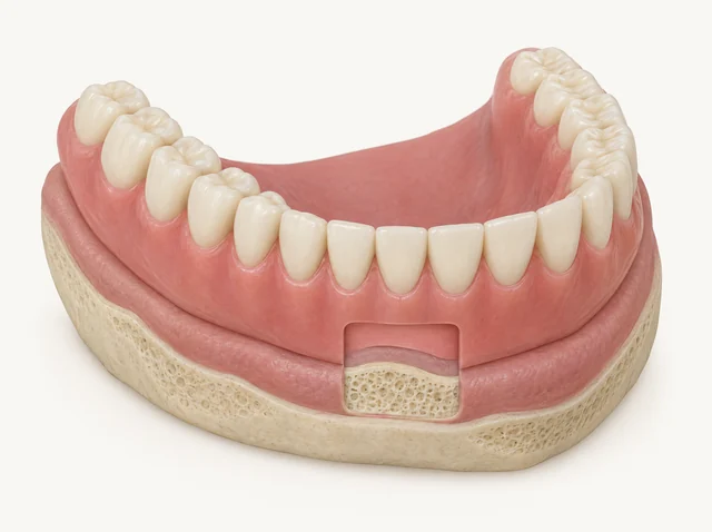 AI educational cutaway of a conventional lower denture seated against oral tissues without implant attachments.