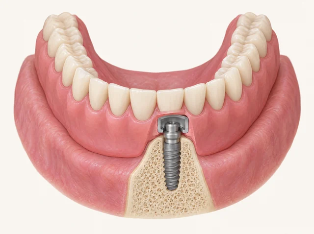 AI educational cutaway of a removable lower overdenture retained by attachments while its base contacts oral tissues.