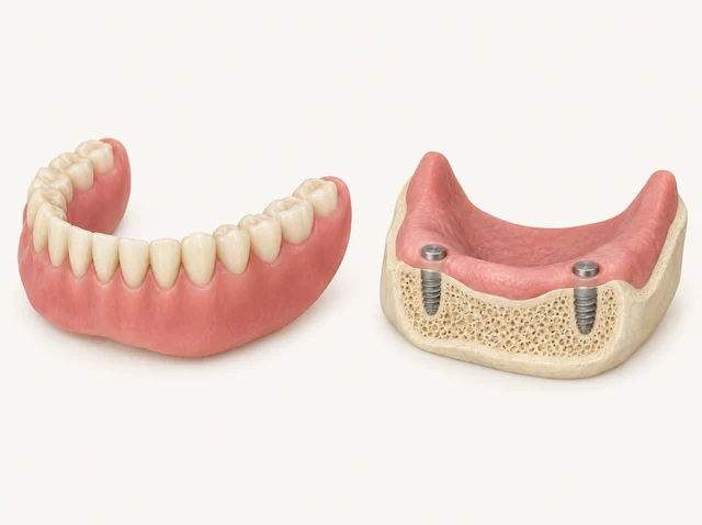 AI educational illustration of a removed denture beside the oral model with its implants and attachments remaining in place.