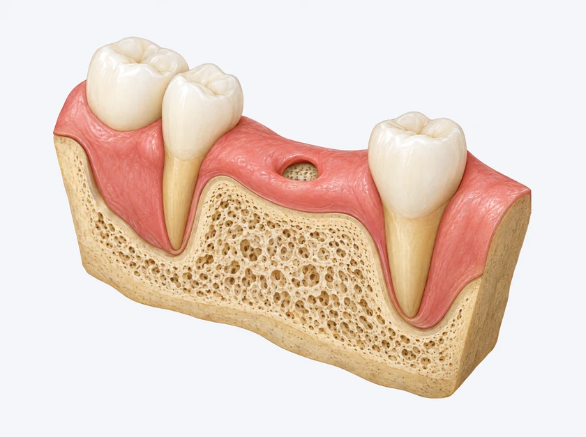 Educational cutaway of a small gum opening and the bone underneath