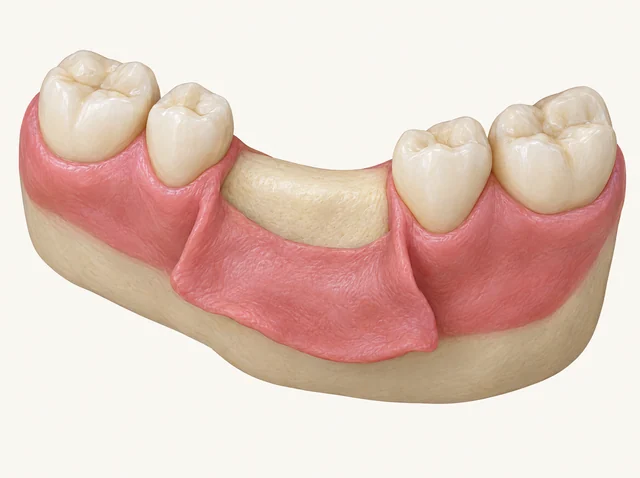 AI educational model of a conventional gum flap reflected to show the bone beneath.
