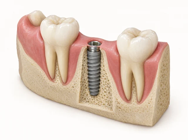 AI educational cutaway showing a single implant fixture in bone beneath a small gum opening.