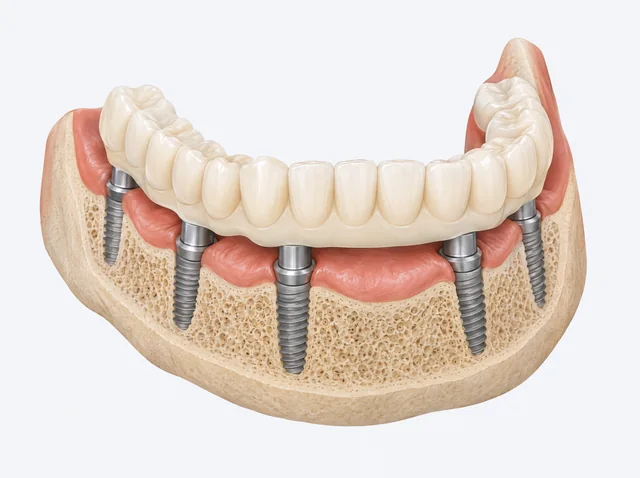 AI educational illustration of one connected, fixed arch of replacement teeth supported by several implants.