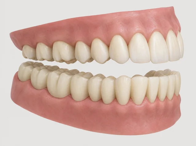 AI educational side view of opposing upper teeth and a connected lower prosthetic arch.