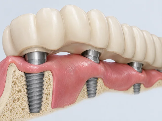 AI educational underside detail of an attached fixed prosthesis and the surrounding gum and implant-support surfaces.