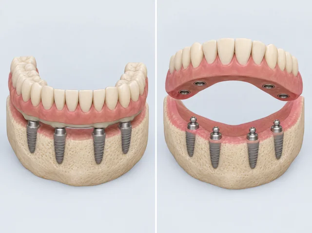 AI educational comparison of a fixed arch remaining attached and a removable denture lifted above implants that remain in bone.