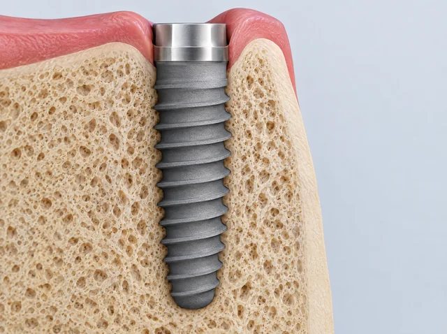 AI educational close-up of an implant fixture and surrounding bone in a simplified cutaway.