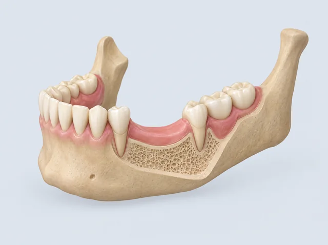 AI educational jaw model showing remaining teeth and a simplified view of the surrounding bone.